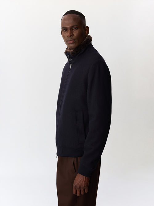 Blouson en laine mélangée bleu marine à col sherpa - 1 - Father & Sons   - 8 