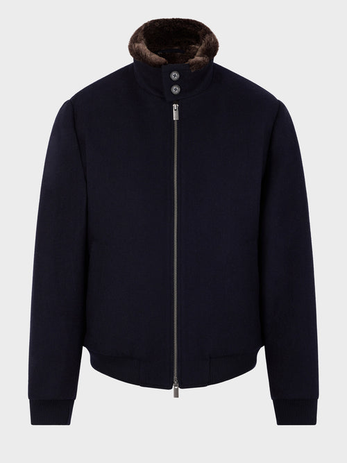 Blouson en laine mélangée bleu marine à col sherpa - Father & Sons   - 7 