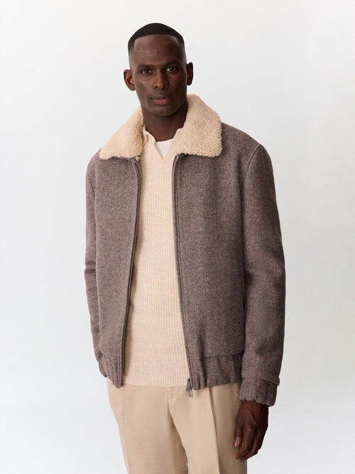 Blouson en laine mélangée marron à col sherpa - 1 - Father & Sons   - 10 
