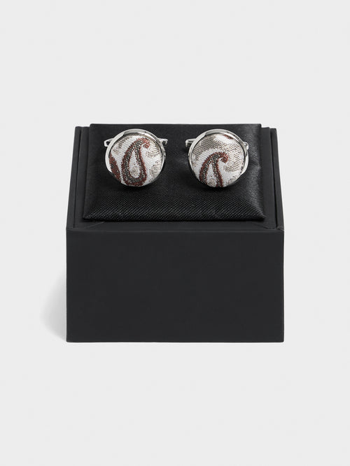 Boutons de manchettes ronds en soie mélangée beige à motif cachemire - 2 - Father & Sons   - 1 