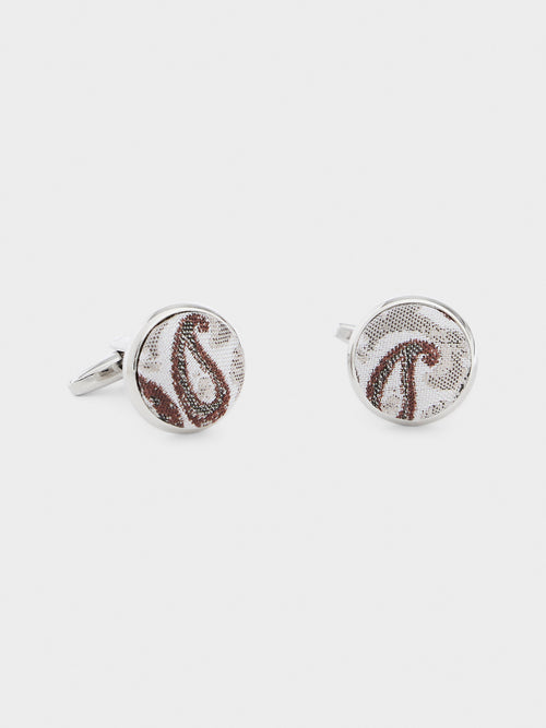 Boutons de manchettes ronds en soie mélangée beige à motif cachemire - 1 - Father & Sons   - 1 