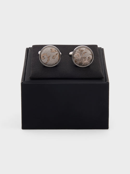 Boutons de manchettes ronds en soie mélangée à motif fleuri beige - Father & Sons   - 2 