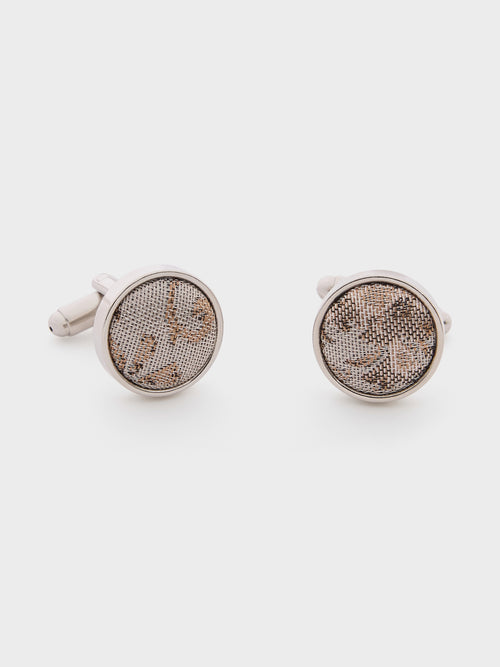 Boutons de manchettes ronds en soie mélangée à motif fleuri beige - Father & Sons   -  