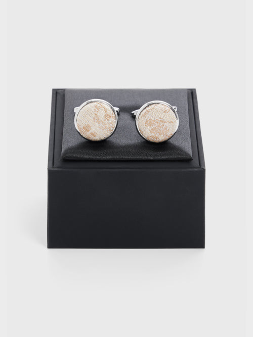 Boutons de manchettes ronds en coton et soie beiges à motif fleuri - 2 - Father & Sons   - 3 