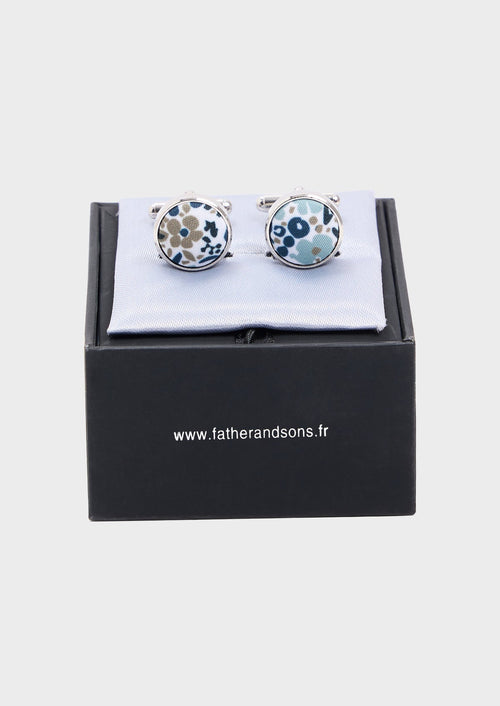 Boutons de manchettes ronds blancs à motif fleuri vert d'eau, bleu et beige - Father & Sons   - 2 