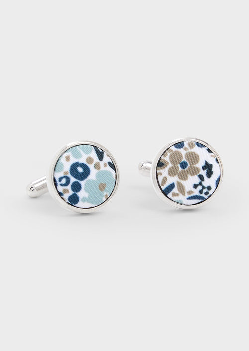 Boutons de manchettes ronds blancs à motif fleuri vert d'eau, bleu et beige - Father & Sons   - 1 