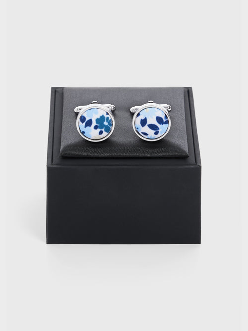 Boutons de manchettes ronds à motif fleuri bleu indigo - 2 - Father & Sons   - 4 