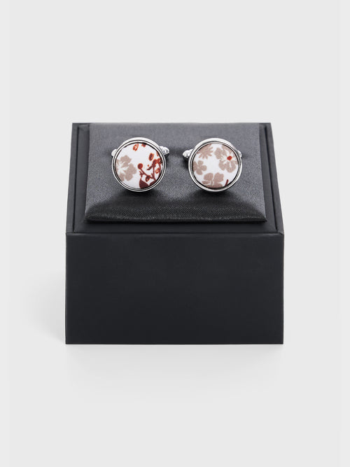 Boutons de manchettes ronds à motif fleuri terracotta - 2 - Father & Sons   - 11 