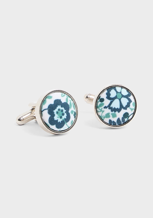 Boutons de manchettes ronds à motif fleuri vert bouteille - 1 - Father & Sons   - 16 