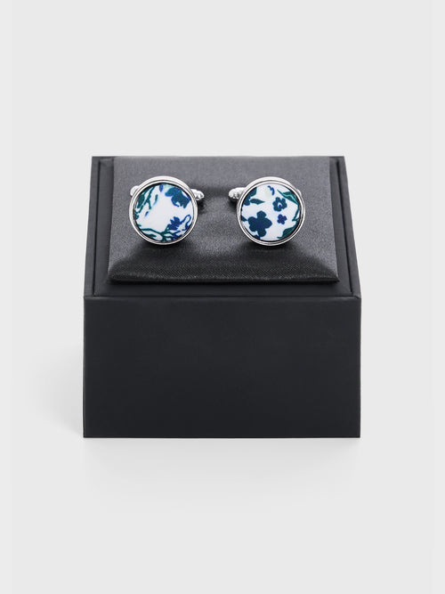 Boutons de manchettes ronds à motif fleuri vert bouteille et bleu - 2 - Father & Sons   - 17 