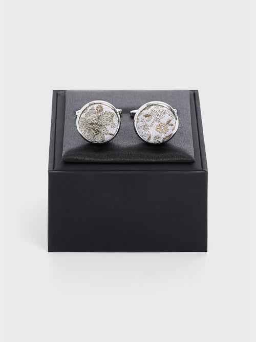 Boutons de manchettes ronds en soie mélangée à motif fleuri vert d'eau - 2 - Father & Sons   - 2 