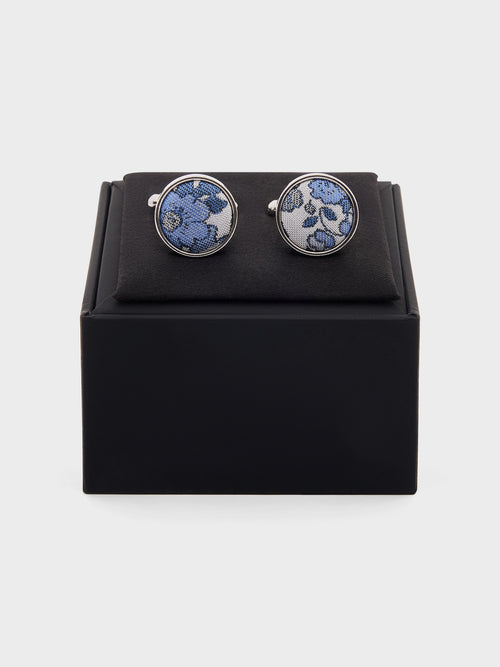 Boutons de manchettes ronds en soie mélangée à motif fleuri bleu indigo - Father & Sons   - 2 