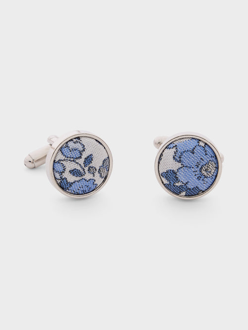Boutons de manchettes ronds en soie mélangée à motif fleuri bleu indigo - Father & Sons   -  