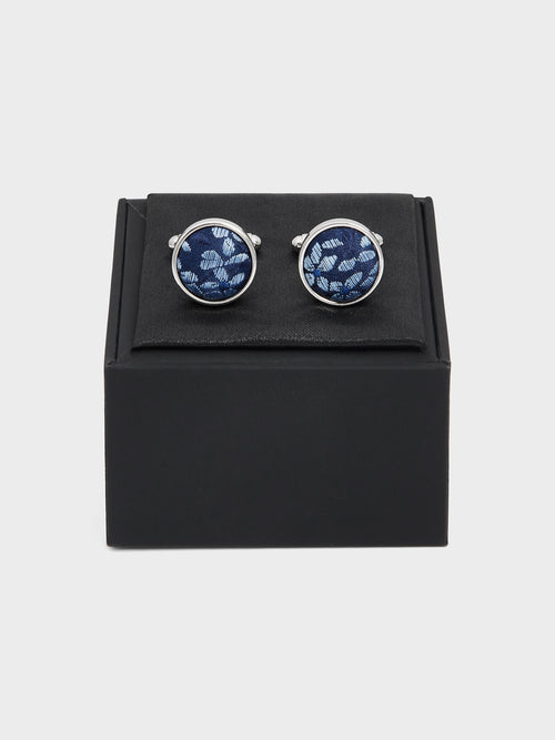 Boutons de manchettes ronds en soie mélangée bleu marine à motif fleuri - Father & Sons   - 2 