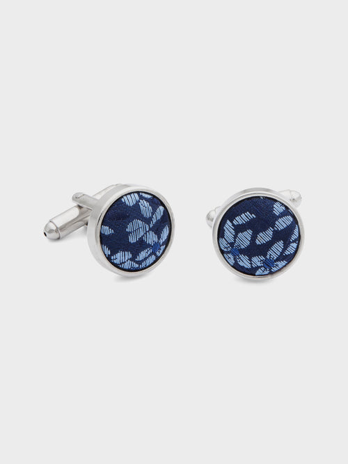 Boutons de manchettes ronds en soie mélangée bleu marine à motif fleuri - Father & Sons   -  