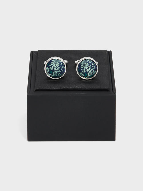 Boutons de manchettes ronds en soie mélangée bleue à motif fleuri - Father & Sons   - 2 
