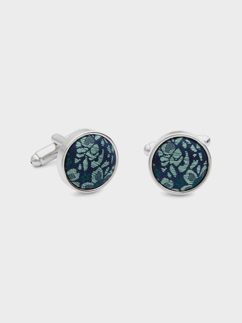 Boutons de manchettes ronds en soie mélangée bleue à motif fleuri - Father & Sons   -  