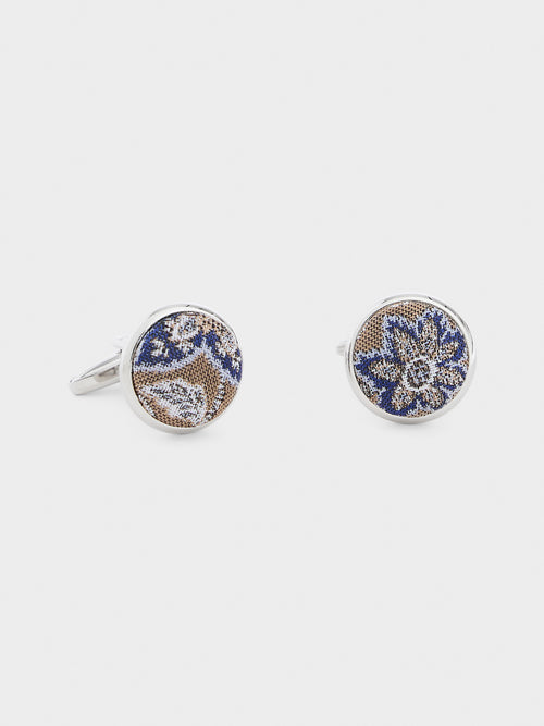 Boutons de manchettes ronds en soie mélangée marron à motif fleuri bleu - 1 - Father & Sons   - 2 
