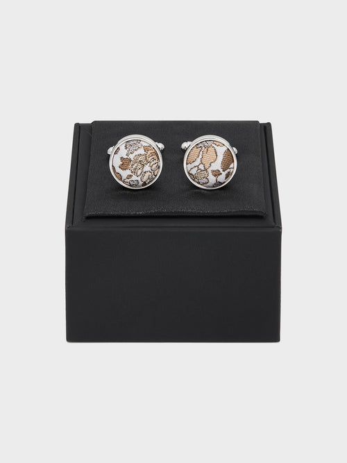 Boutons de manchettes ronds en soie mélangée à motif fleuri marron - Father & Sons   - 2 