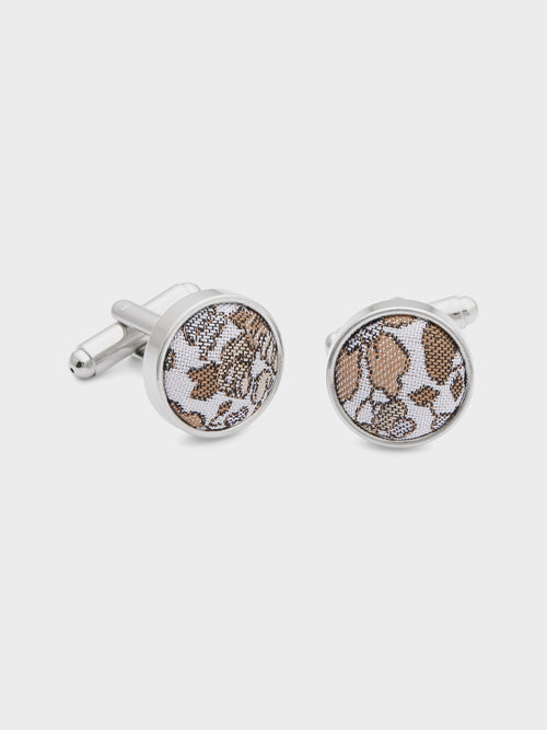 Boutons de manchettes ronds en soie mélangée à motif fleuri marron - Father & Sons   -  