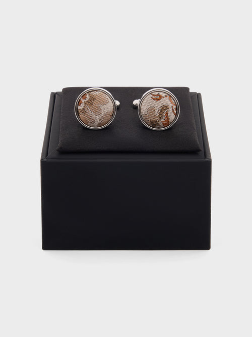 Boutons de manchettes ronds en soie mélangée à motif fleuri terracotta - Father & Sons   - 2 