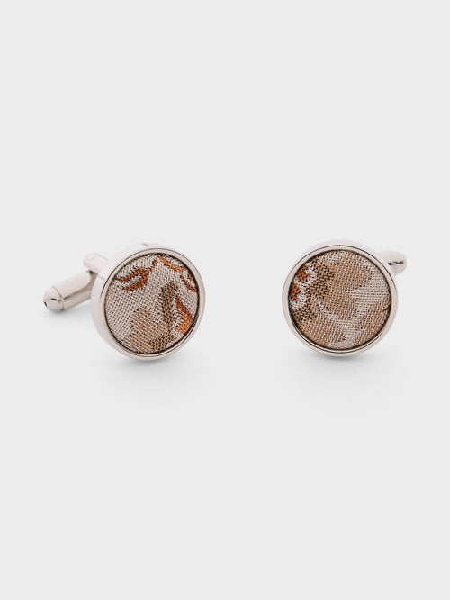 Boutons de manchettes ronds en soie mélangée à motif fleuri terracotta - Father & Sons   -  