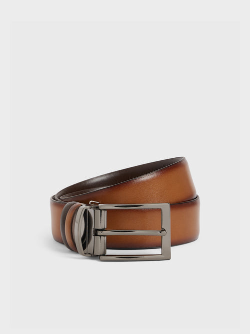 Ceinture ajustable et réversible en cuir lisse cognac - Father & Sons   - 1 
