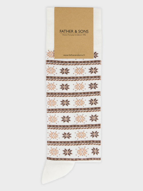 Chaussettes en coton bio mélangé écru à motif marron - 1 - Father & Sons   - 5 