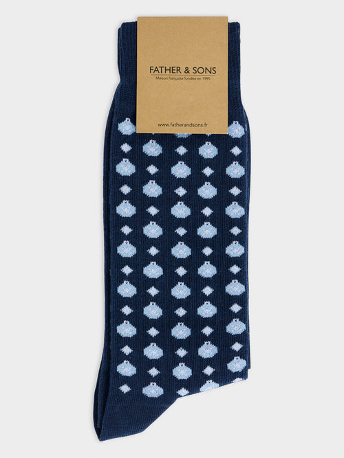 Chaussettes en coton bio mélangé bleu indigo à motif - 1 - Father & Sons   - 18 