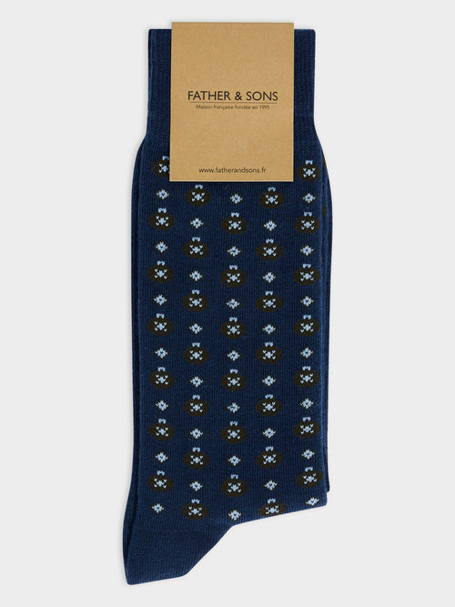 Chaussettes en coton bio mélangé bleu indigo à motif - 1 - Father & Sons   - 19 