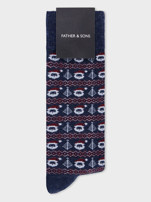 Chaussettes en coton bio mélangé bleu indigo à motif - Father & Sons   - 1 