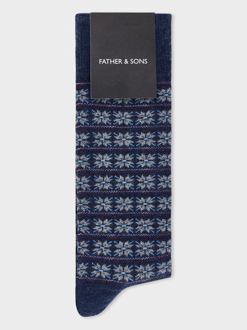Chaussettes en coton bio mélangé bleu indigo à motif - Father & Sons   - 1 