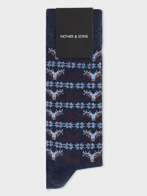 Chaussettes en coton bio mélangé bleu indigo à motif - Father & Sons   - 1 