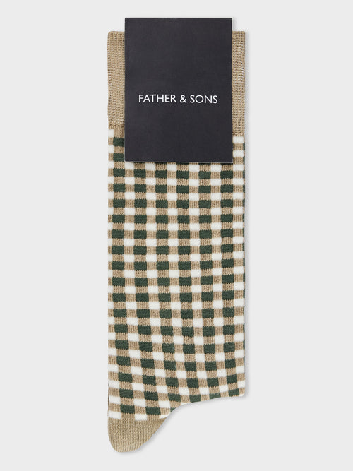 Chaussettes en coton bio mélangé kaki clair à carreaux - Father & Sons   - 1 