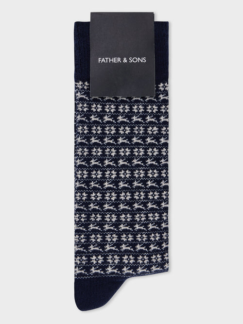 Chaussettes en coton bio mélangé bleu marine à motif - Father & Sons   - 1 