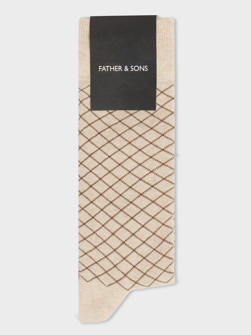 Chaussettes en coton bio mélangé beige à carreaux - Father & Sons   - 1 