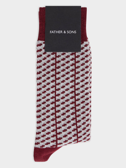 Chaussettes en coton bio mélangé bordeaux à motif gris - 1 - Father & Sons   - 16 
