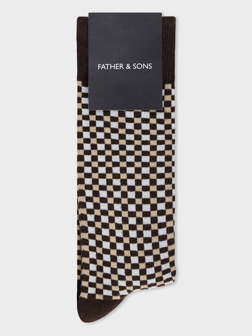 Chaussettes en coton bio mélangé marron à carreaux - Father & Sons   - 1 