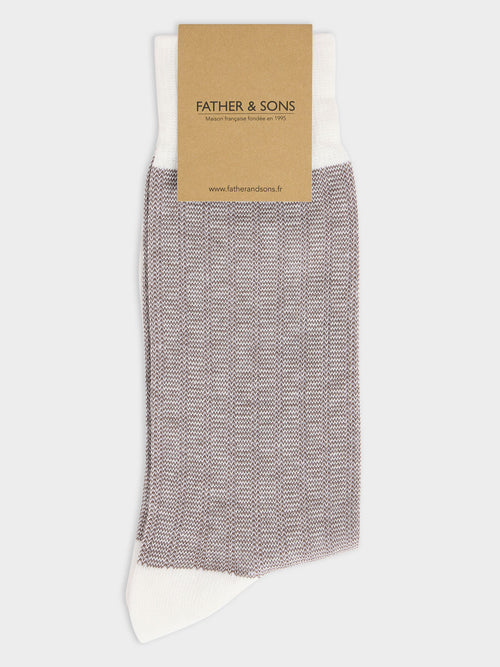 Chaussettes en coton bio mélangé écru à motif marron - 1 - Father & Sons   - 15 