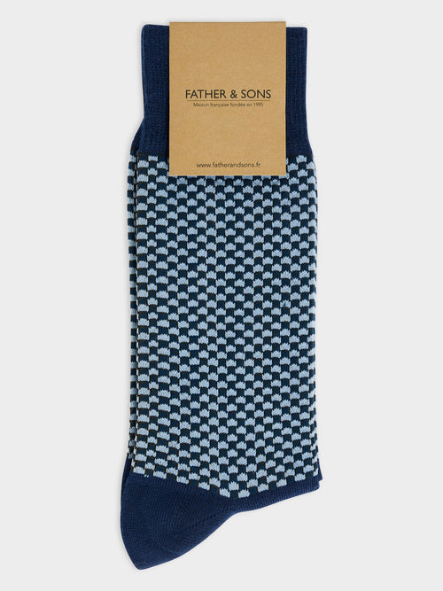 Chaussettes en coton bio mélangé bleu indigo à motif - 1 - Father & Sons   - 12 