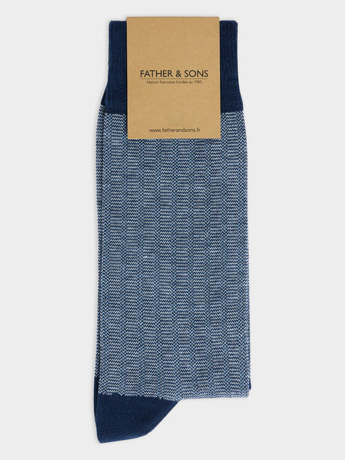 Chaussettes en coton bio mélangé bleu indigo à motif - 1 - Father & Sons   - 13 