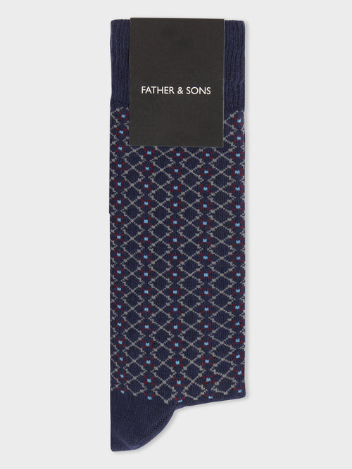 Chaussettes en coton bio mélangé bleu indigo à carreaux - Father & Sons   - 1 