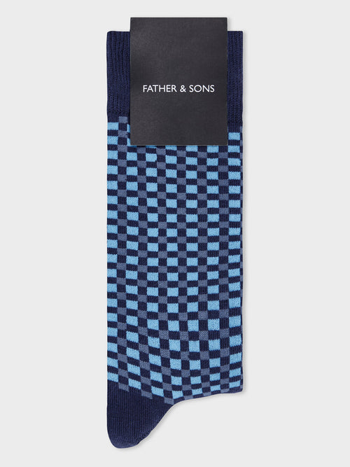 Chaussettes en coton bio mélangé bleu indigo à carreaux - Father & Sons   - 1 