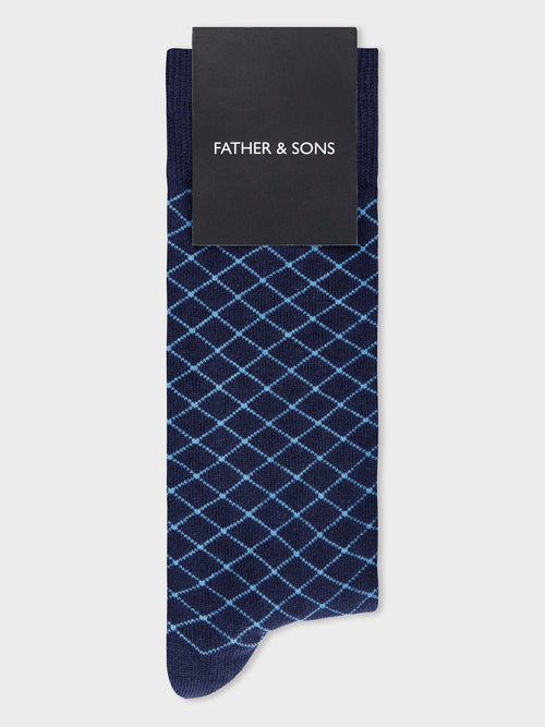 Chaussettes en coton bio mélangé bleu indigo à carreaux - Father & Sons   - 1 