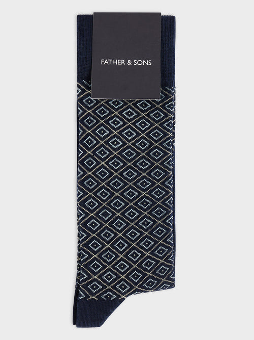 Chaussettes en coton bio mélangé bleu marine à motif - 1 - Father & Sons   - 3 