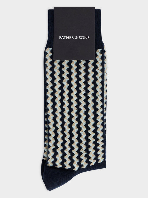 Chaussettes en coton bio mélangé bleu marine à motif - 1 - Father & Sons   - 4 