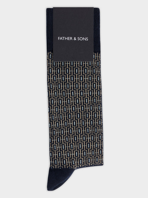 Chaussettes en coton bio mélangé bleu marine à motif - 1 - Father & Sons   - 5 