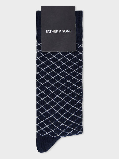 Chaussettes en coton bio mélangé bleu marine à carreaux - Father & Sons   - 1 