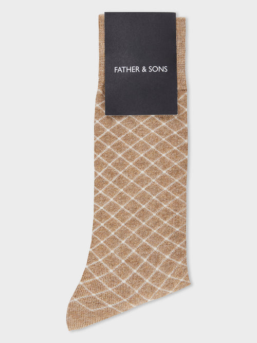 Chaussettes en coton bio mélangé marron à carreaux - Father & Sons   - 1 