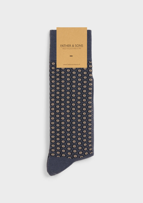 Chaussettes en coton bio mélangé bleu turquin à motif fantaisie gris - 1 - Father & Sons   - 6 
